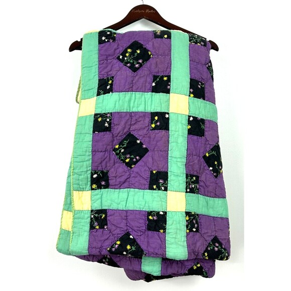 Antique Hand Stitched Square Patchwork Lattice Quilt Cream Backing 64W X 74L Rck - Picture 4 of 12